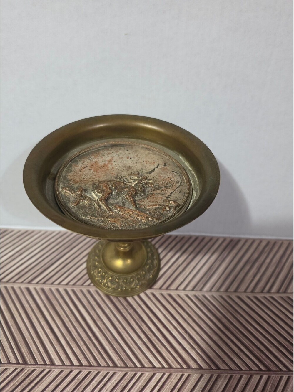 Vintage Brass Pedestal Bowl with Deer Relief